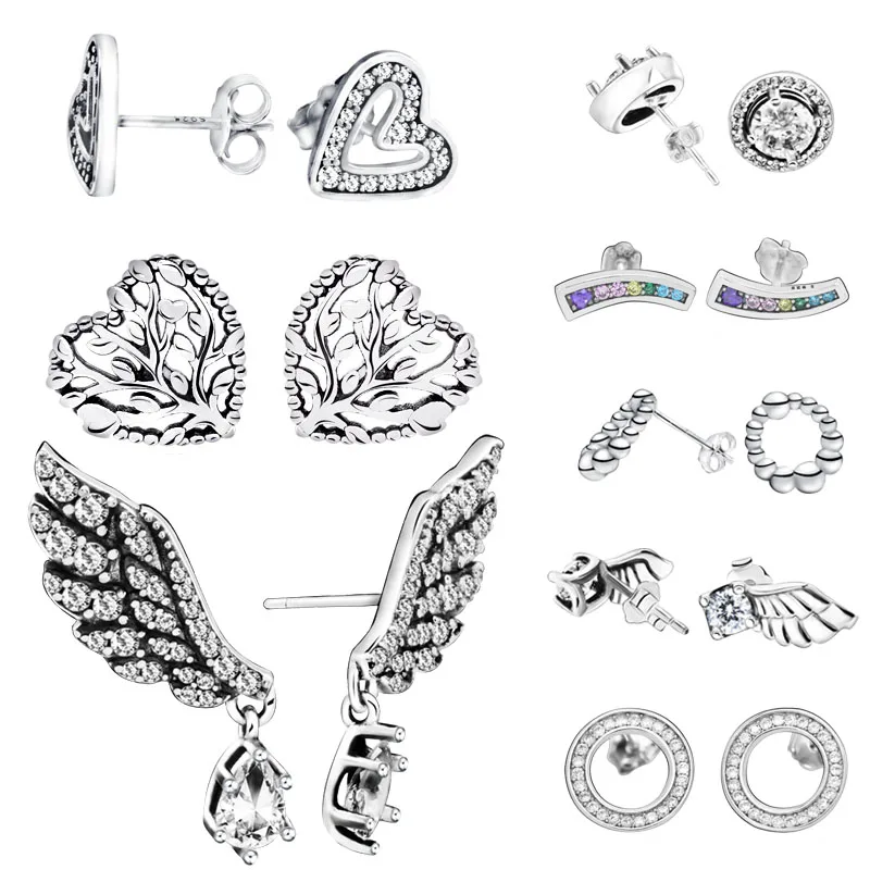 Модные серебряные серьги кольца сверкающие с ангельским крылом и сердцем для