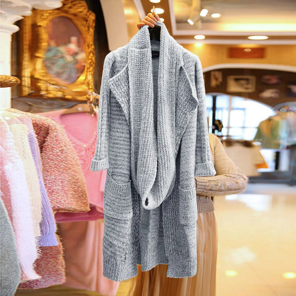 New Fashion Knitted Sweater Cardigan for Women Winter Warm Ladies Scarf Collar Pockets Long Coats Outwear chaqueta mujer z1105