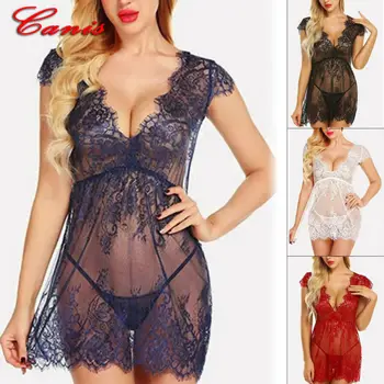 

Deep V-neck Sexy Lingerie Lace See Through Sexy Underwear Womens Babydoll Temptation Lingerie Hot Sale Erotic Sleepwear G-String