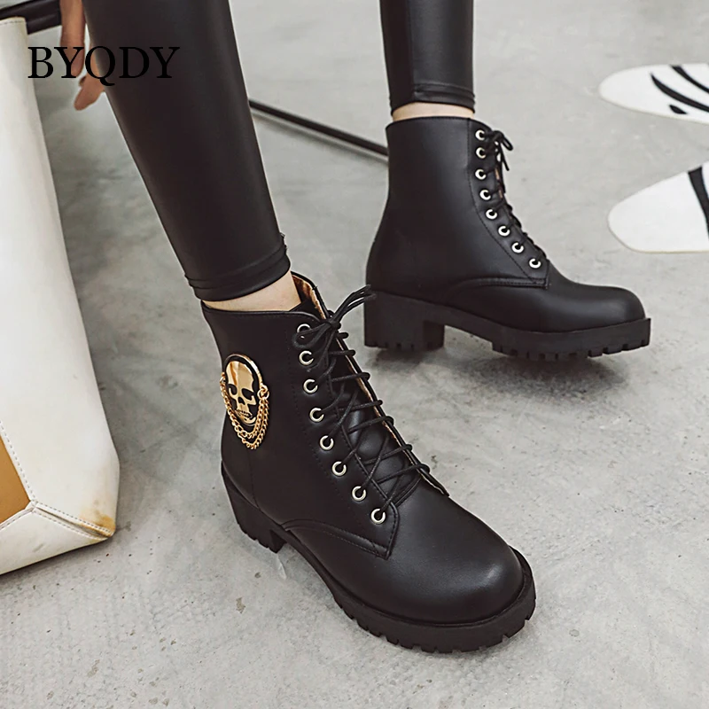 BYQDY Woman Ankle Boots Skull Street Lace Up Platform Boots New Thick Heels Ladies Shoes Autumn Winter Fur Round Toe Short Boot
