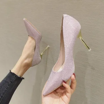 

2020 New Spring Women Fashion Sxey Pumps Pointed Toe Thin Heels Leather Shoes Lady Shallow Solid Color High Heels Singe Shoes
