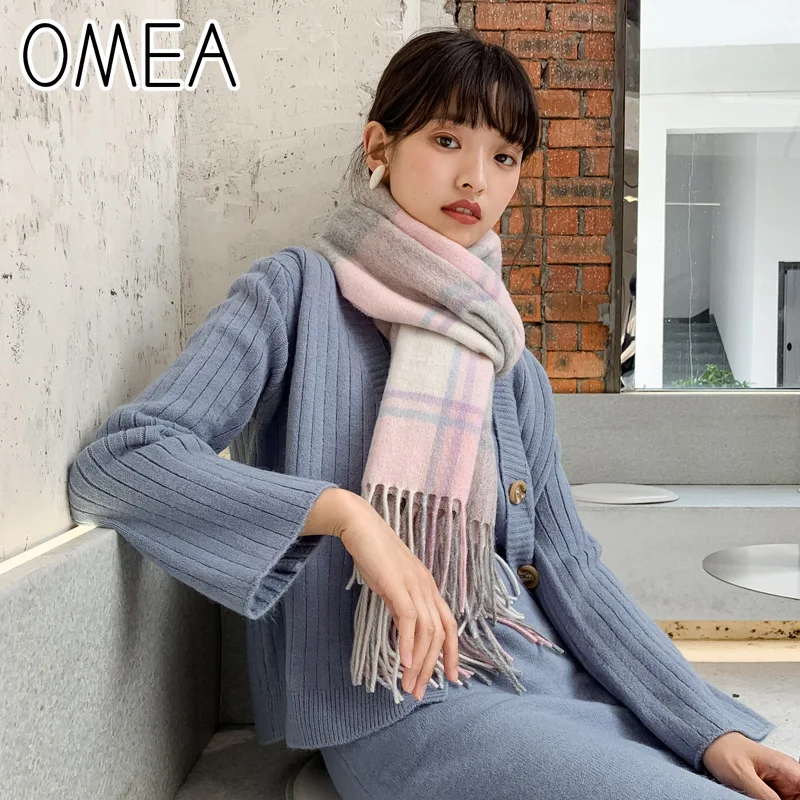 OMEA Real Wool Scarf Women Plaid Scarf Femme Infinity Scarf Winter Accessories Blanket Scarf Cashmere Scarf Shawl Luxury