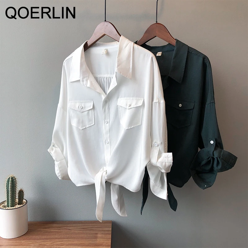 QOERLIN New Retro Loose Fashion Lace Up Shirt Rolled Half Sleeve Blouse Lyocell Fabric Polo Collar Button Down OL Style Workwear qoerlin summer retro print thin blazer 3 4 sleeve suit jacket loose lapel short linen coat one button pocket lace floral tops