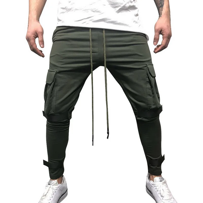 army green Модные весенне-осенние мужские спортивные облегающие штаны для тренировок, красивые мужские штаны с карманами на завязках, штаны для фитнеса в стиле хип-хоп - Цвет: army green