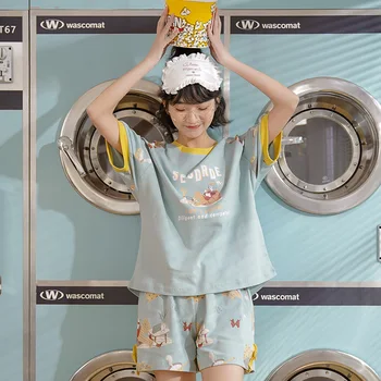 

New Style Simple Pure Cotton Pajamas Women's Pullover Summer Short-sleeved Shorts Thin-Outer Wear Tracksuit