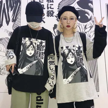 

NiceMix Harajuku Sweatshirt Women Patchwork Unisex Pullovers Japanese Anime Print Comics Jumpers Fake 2 Pieces Woman Streetwear