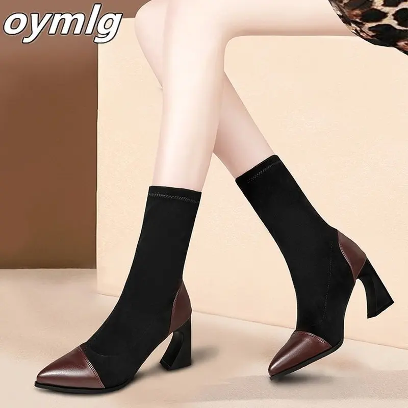 winter wild pointed British wind boots ladies thick with bare boots color matching high heel boots women pu boots