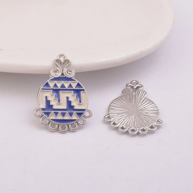 12pcs Alloy 7 Hole Round Enamel Charm Connector Antique Silver Pendant Connectors Earring Jewelry Parts