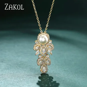 

ZAKOL Fashion CZ Zirconia Crystal Pendant Necklace For Women Luxury Imitation Pearl Bridal Wedding Party Jewelry Gift FSNP2153