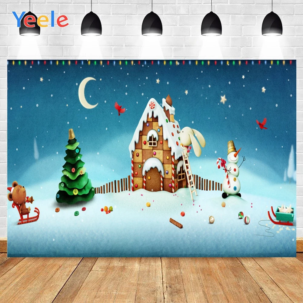 

Yeele Christmas Day Moon Night Photo Background Photophone Snowman Trees Balls Cute House Backdrops for Decor Customized Size