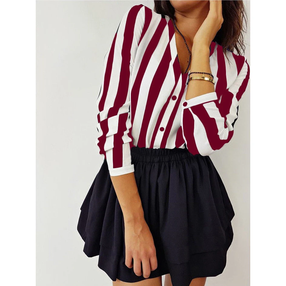 Fashion Hot Sale Summer Elegant V Neck Button Blouse OL Casual Loose Tops Sexy Women Striped Vintage Shirt