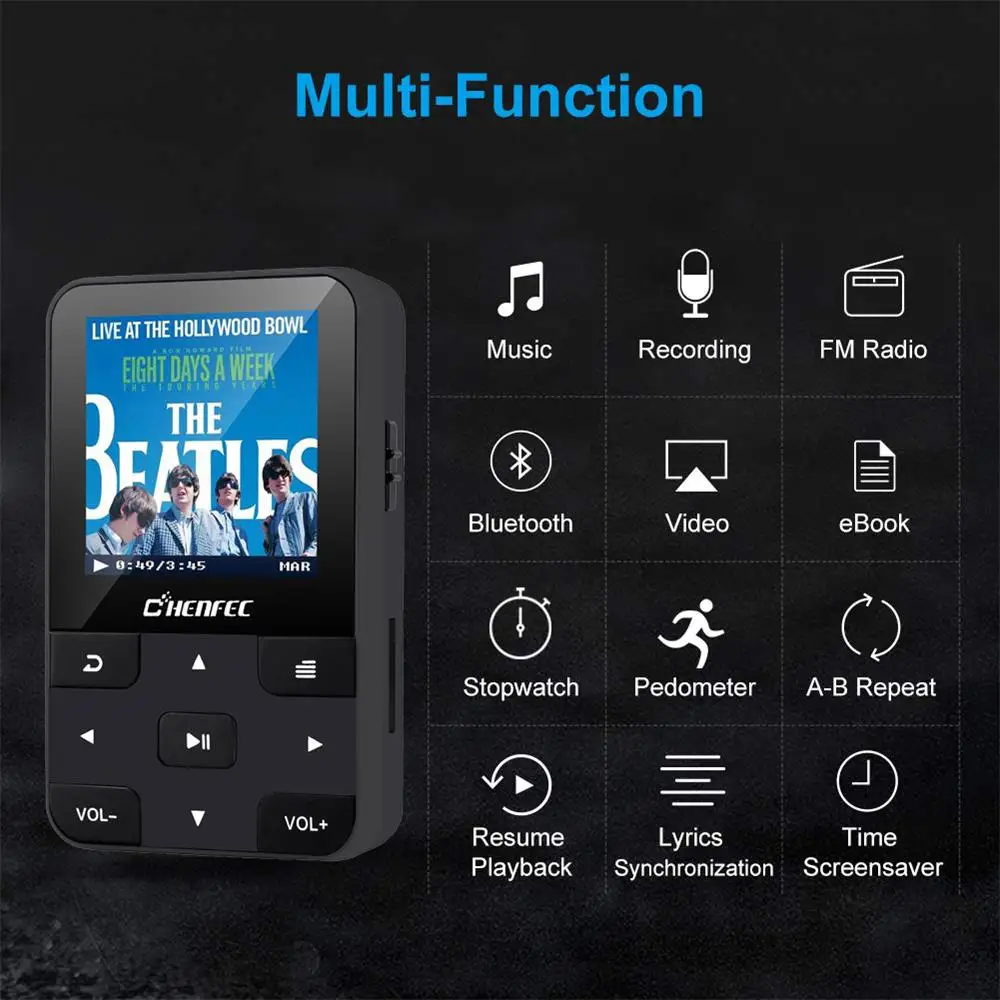 Клип MP4 плеер Bluetooth 4,0 без потерь Музыкальный плеер 16 ГБ с шагомером fm-радио Диктофон поддержка SD до 128 г