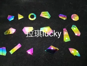 

50pcs Top quality Rainbow color acryl sew on rhinestones with holes mix shaped mix sizes acrylic flat back mirror beads