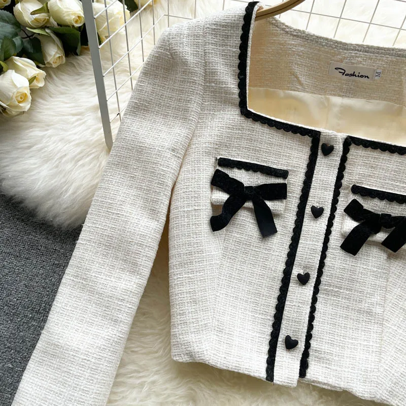 ladies coat pant suit High Quality Fall Winter Tweed Two Piece Set Women Sweet Bowknot Crop Top Jacket Coat + Mini Pleated Skirt Suits Ensemble Femme white pant suit set