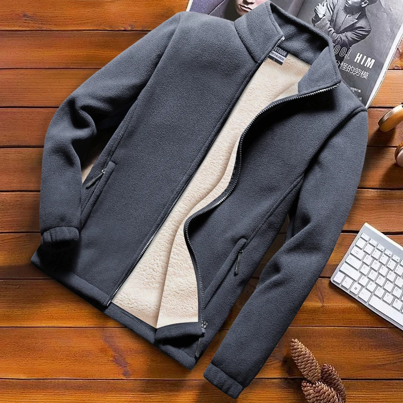 Зимняя флисовая куртка Мужская ветрозащитная бархатная теплая пуховая парка пальто туристическая горная куртка размера плюс 8XL синяя черная мужская одежда - Цвет: Серый