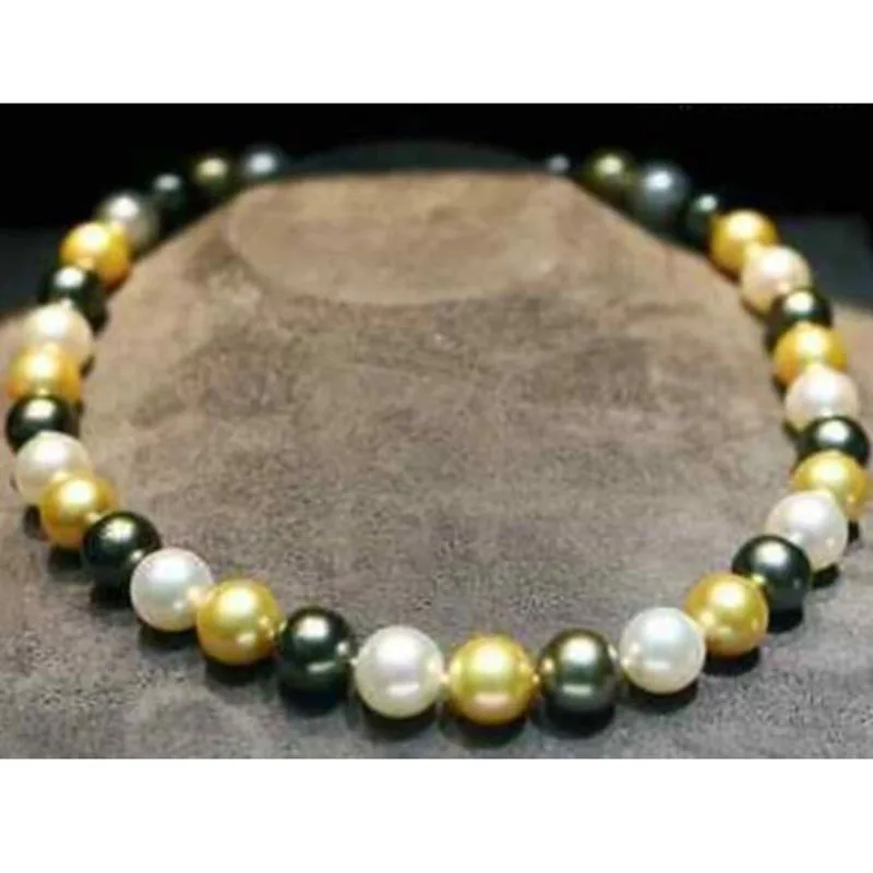 

8-9.6mm natural tahitian black multicolor round pearl necklace 925 silver