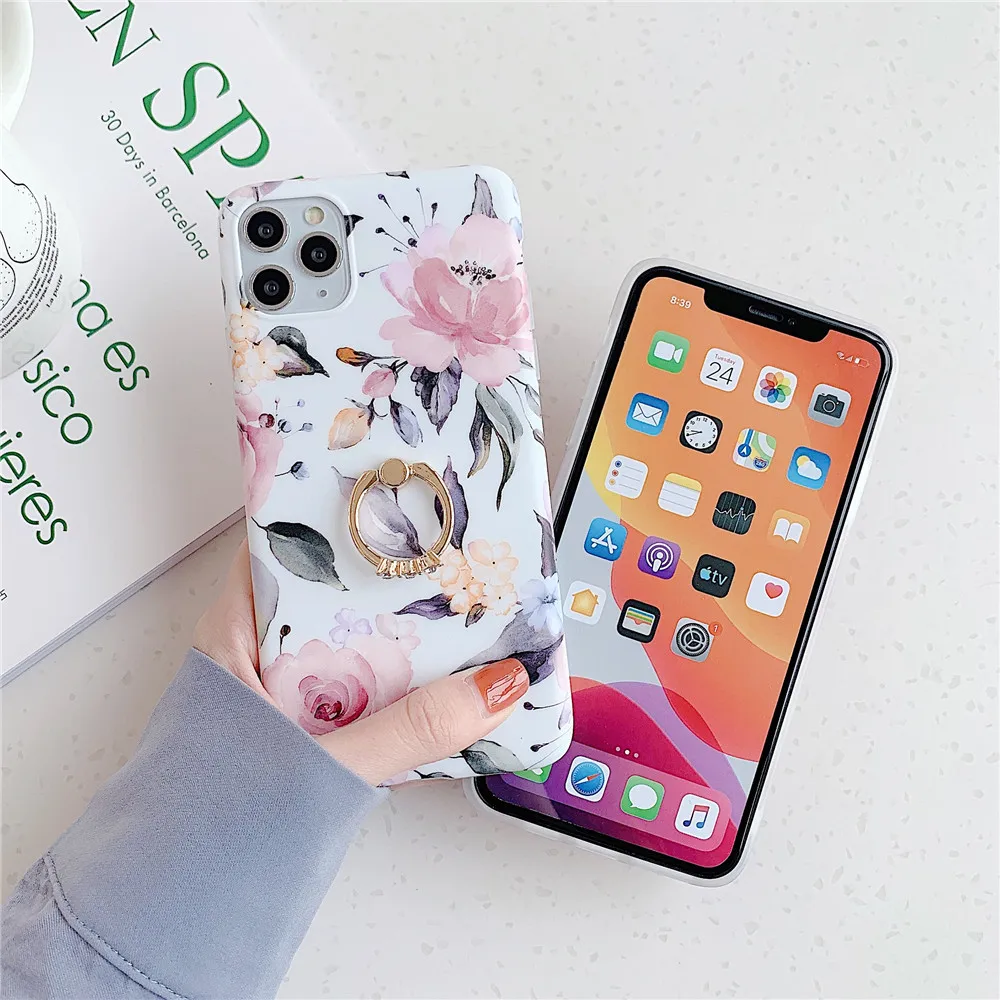 casetify cases FLYKYLIN Finger Ring Holder Case For IPhone SE 2020 12 11 Pro Max  Back Cover For Redmi Note 7 8 Pro Flower Silicon Phone Coque clear phone cases