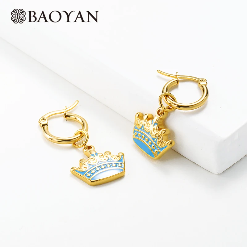 Baoyan, элегантные золотые серьги-кольца, желтый, белый, голубой цвет, эмаль, цветок, корона, серьги, модные серьги-кольца из нержавеющей стали для женщин