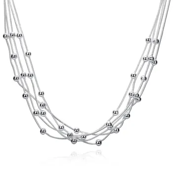 

925 Sterling Silver 18'' Five Lines Beads Snake Chain Charm Balls Multilayer Necklace Collares Choker Necklaces for Women Gift