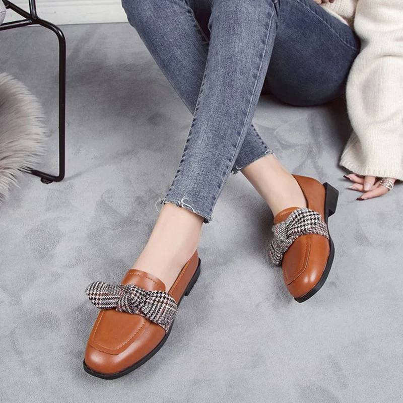 elegant cute houndstooth bow-knot shallow leather shoes British style student casual slip-on moccasins retro brief flats loafers