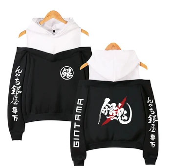 

Gintama Hoodie Cartoon Anime Hoodies Sweatshirt Sakata Gintoki Letter Off Shoulder Top Cute Clothes Woman Japanese Korean Style