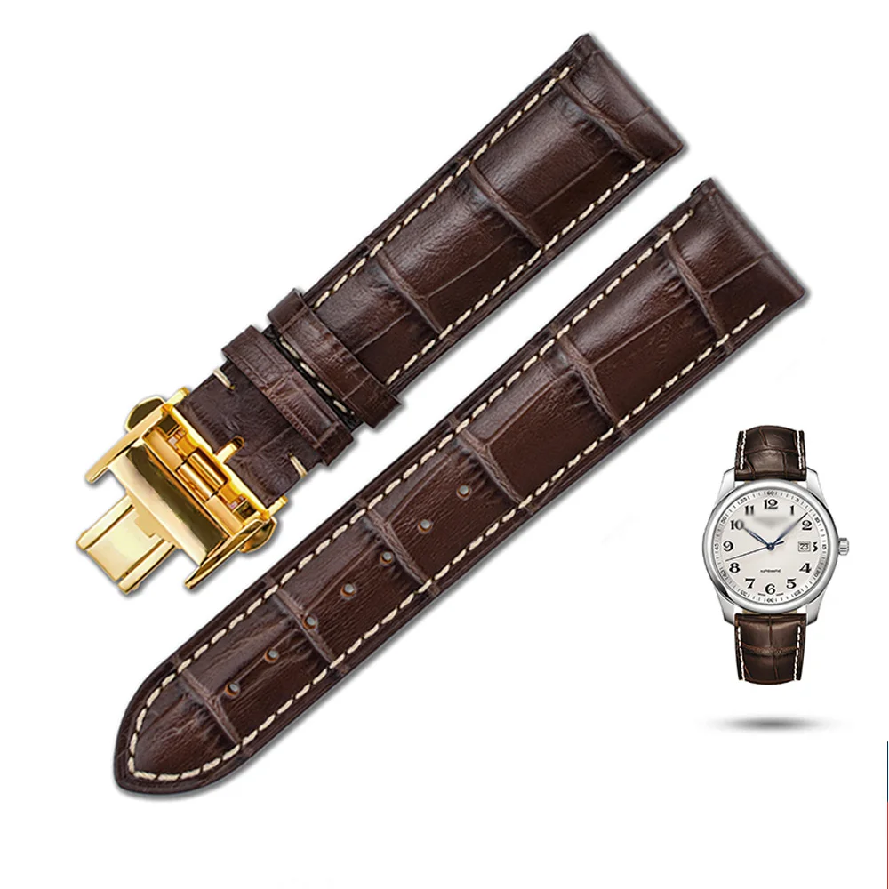 Серебристо-желтый OT для мужчин G заменитель Longines полный спектр кожаный ремешок бабочка двойная кнопка водонепроницаемый дышащий для мужчин и женщин часы полосы - Цвет ремешка: Серебристо-желтый