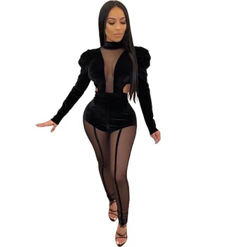 

Womens Party Sexy Jumpsuit Long Sleeve Velvet Black Mesh Patchwork Bodycon Romper Women Jumpsuit Night Club Bodysuit Overalls