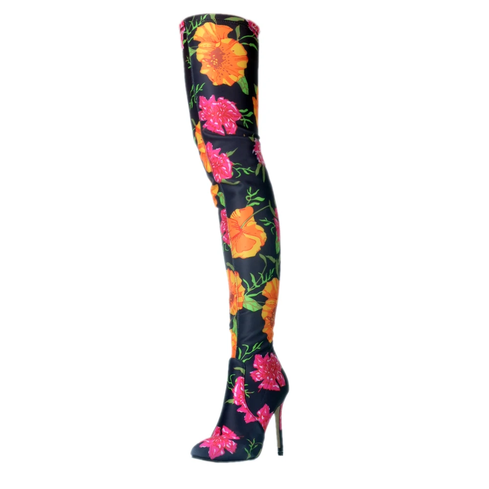 Original Intention Over the Knee High Fashion Flower Printing Boots Woman Pointed Toe Beautiful Colorful Shoes Woman Plus Size