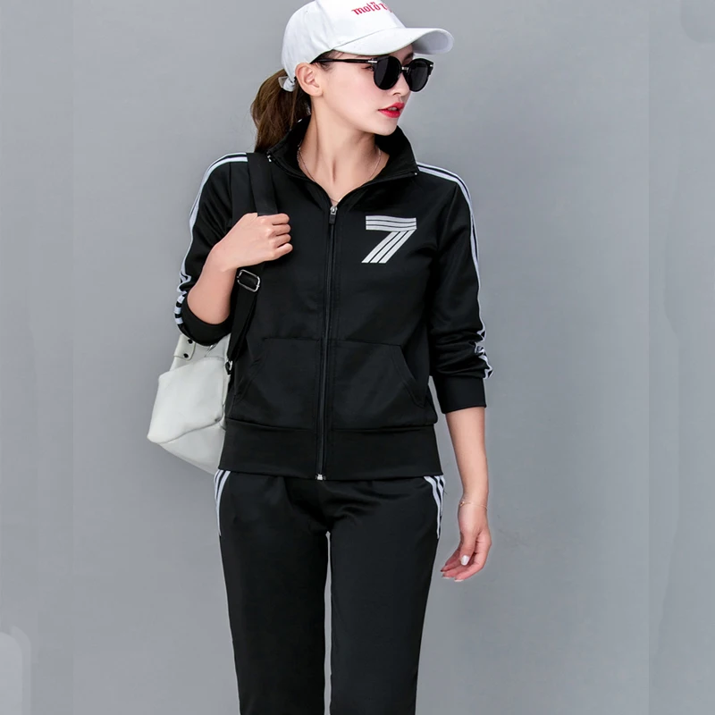 

New style Women Casual Sportswear black High collar long-sleeved Suit Student clothes and Femme Cardigan Sportswear Sets