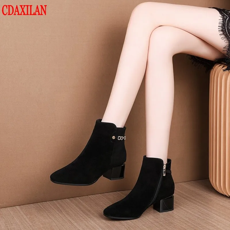 

CDAXILAN new to women's boots genuine sheep suede Mid-heel side zipper ankle boot spring autumn winter ladies short Martin boots
