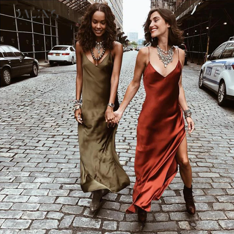 

Sexy Satin V Neck Maxi Dress Women Spaghetti Strap Sleeveless Backless Side Split Long Dresses 2020 Spring Lady Sling Dress