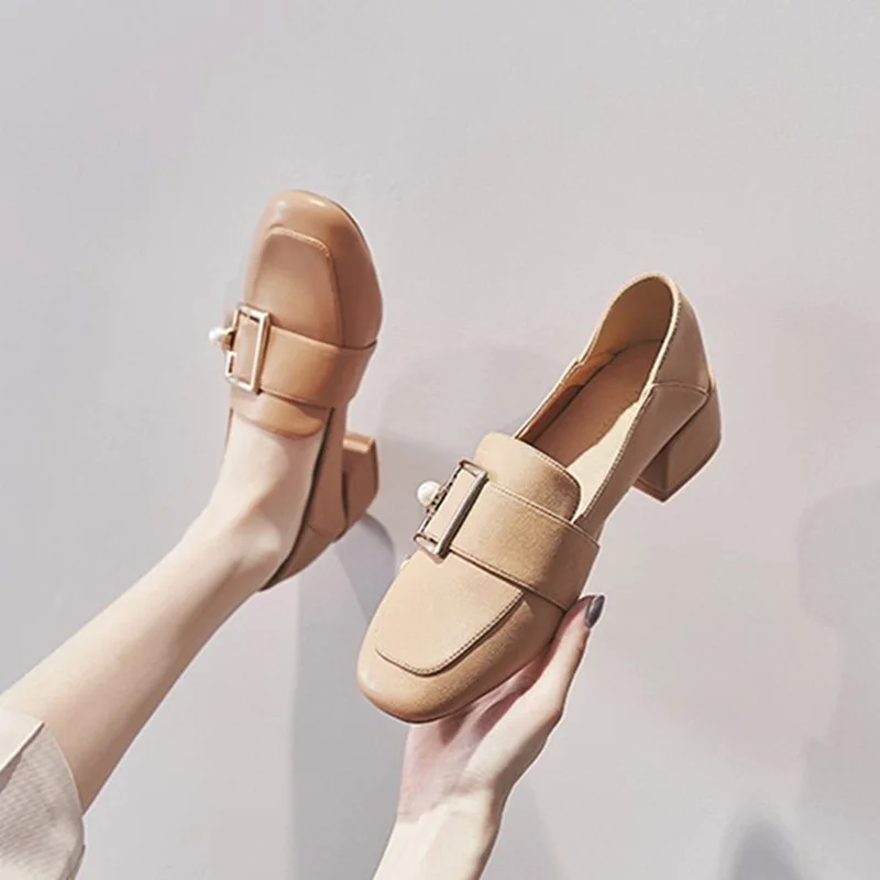 British Style Women's Loafers PU Leather Low Square Heels Shoes Slip On Square Toe Metalic Shoes Casual Shoes Women's Shoes