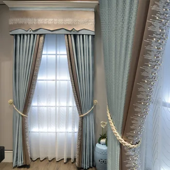 

Luxury Modern Blue Stitching Blackout Curtains for Living Room High-end Balcony French Window Treatment Drapes JS305C