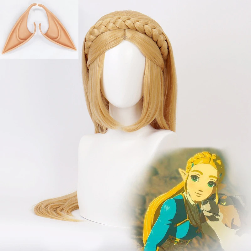 cosplay Princess Wig with Ears Women 80cm Golden Blonde Braided Wigs Cosplay Anime Cosplay Wig Heat Resistant Synthetic Wigs + Wig Cap sexy halloween costumes for women