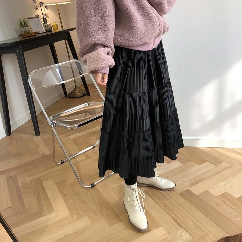 Mooirue осень Женская плиссированная длинная юбка Harajuku корейский стиль плиссированная длинная эластичная Женская юбка