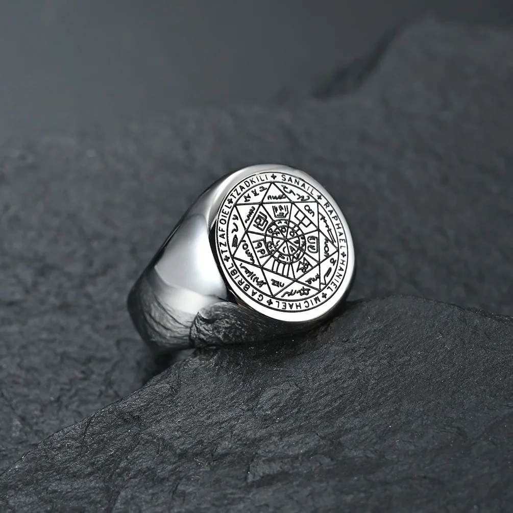 Stainless Steel Ring The Key of Solomon Seal the Seven Archangels Ring Amulet Male Jewelry