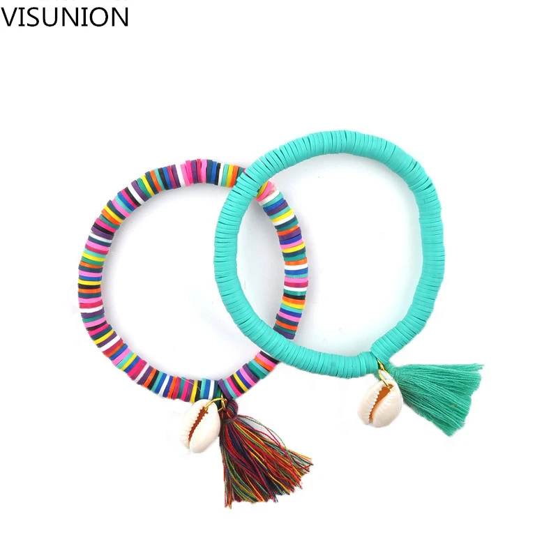 6 цветов, богемная оболочка, подвеска, эластичная веревка, браслет, ракушка, шарм, браслеты с кисточкой, ручная работа, красочный мягкий керамический браслет