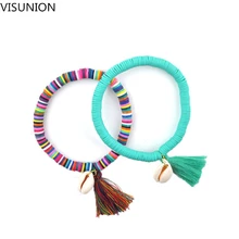 6 цветов, богемная оболочка, подвеска, эластичная веревка, браслет, ракушка, шарм, браслеты с кисточкой, ручная работа, красочный мягкий керамический браслет
