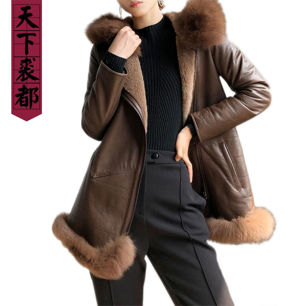 Роскошная женская Двусторонняя куртка из натуральной овчины, воротник из лисьего меха, зимняя теплая брендовая куртка из натурального овечьего меха, одежда