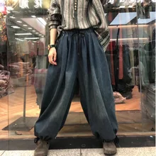 Зимние джинсы, большие размеры, женские свободные джинсовые штаны, новинка, эластичная резинка на талии, с карманами, повседневные, для девушек, Ретро стиль, фонарь, джинсовые штаны