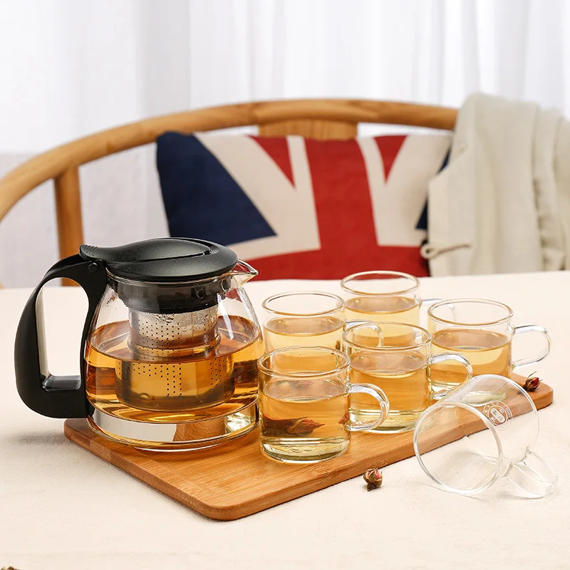 

Glass Teapot a Pot Six Cup Bubble Tea Kettle Filter Transparent Flower cha ye hu Tea Set Household Customizable Logo