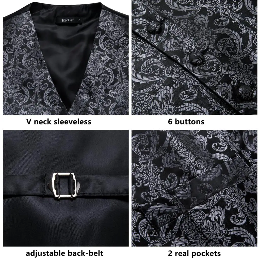 Vest for Men Black Suit Vest Floral Waistcoat Slim-Fit Tuxedo Paisley Tie Set Cufflinks Gift for Wedding Business Hi-Tie VE-0011
