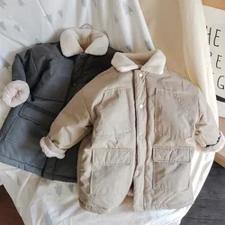 Inverno moda quente pele de coelho criança casaco longo grande bolso bebê menina menino jaqueta crianças outerwear cor cinza bege 3 9 anos de idade