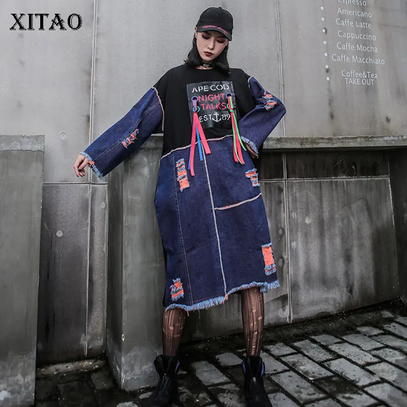 XITAO/джинсовое платье с дырками и кисточками новое осеннее женское длинными