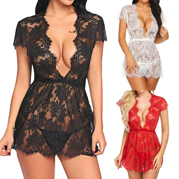 

Sexy Lingerie Lace v-Neck See Through Sexy Underwear Womens Babydoll Temptation Lingerie Hot Sale Erotic Sleepwear G-String