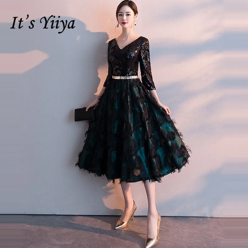 Это Yiiya платье для выпускного вечера для женщин, плюс размер, официальные платья, элегантные, половина рукава, длина до колена, черное, v-образный вырез, Vestidos De Gala LF223