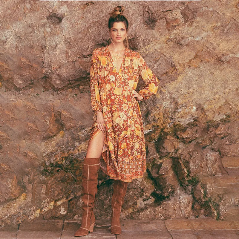 

Swimsuit Cape For Beach Women's Swimwear Cover Up Woman Summer Tunics On The Bohemia Printed Long Sleeve Dress 2020 New Women