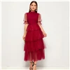 SHEIN модное многослойное Сетчатое платье с оборкой на шее и пышными рукавами однотонное женское платье трапециевидной формы со стоячим воротником весна-осень