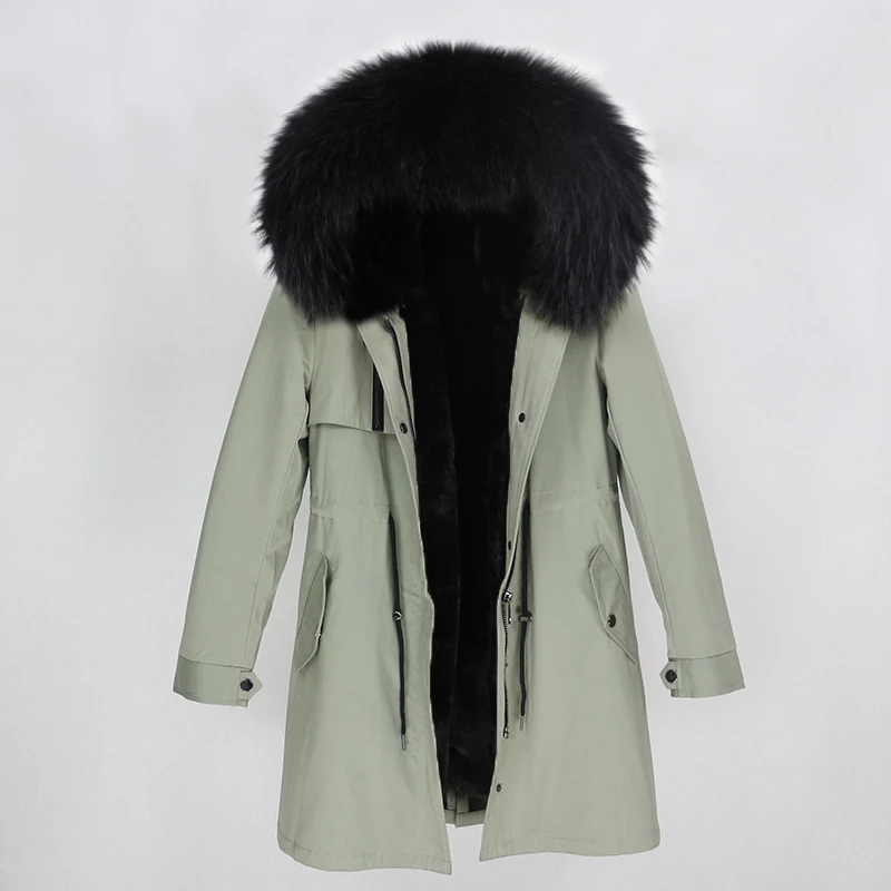 light green black OFTBUY новая парка зимняя куртка женская шуба из натурального меха енота меховой капюшон, воротник из натурального кроличьего лайнера теплая тонкая верхняя одежда - Цвет: light green black