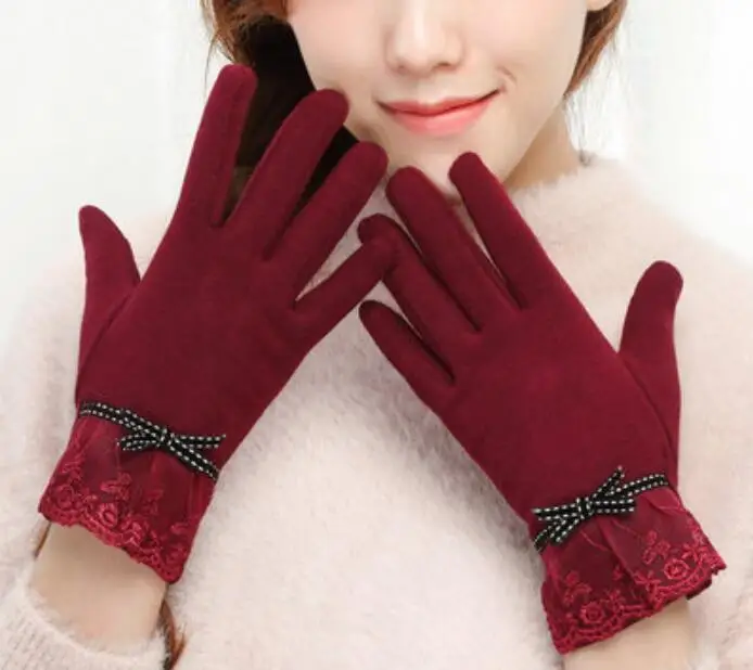 New Wine red lace YRRETY, женские кашемировые перчатки для улицы, Осень-зима, женские теплые перевернутые рукавицы, хлопковые перчатки на запястье, однотонные женские шерстяные перчатки - Цвет: New Wine red lace